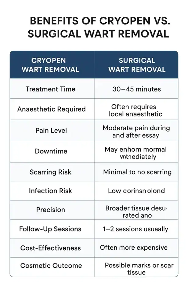 Table showing the benefits of cryopen to remove warts Coombe Bissett compared to surgical treatment